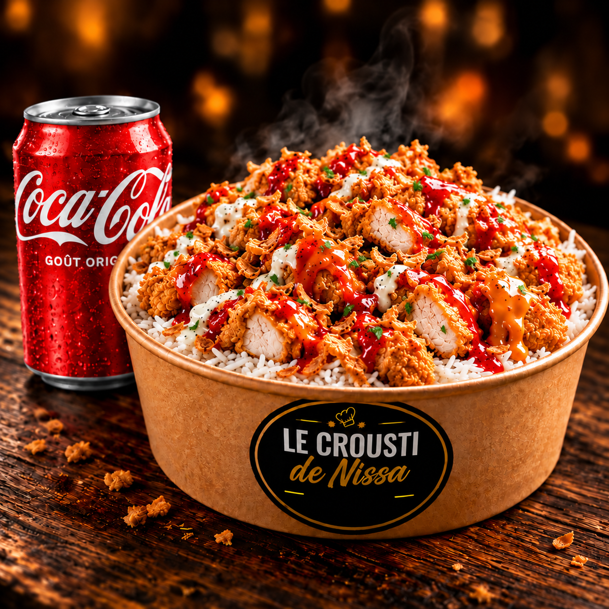 Bowl de riz blanc parfumé et de morceaux de tenders dorés, nappés de sauces, avec une canette de Coca-Cola